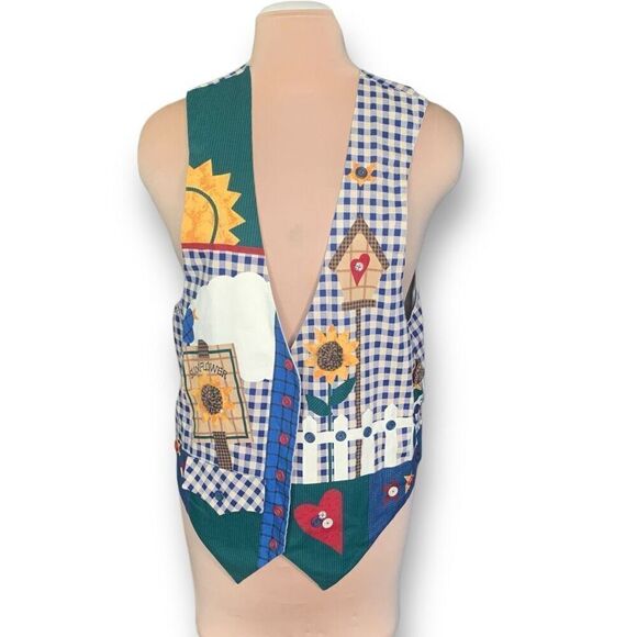 Vintage Handmade Vest Blue White Gingham Checks Sunflower Buttons Open Front - Picture 5 of 14